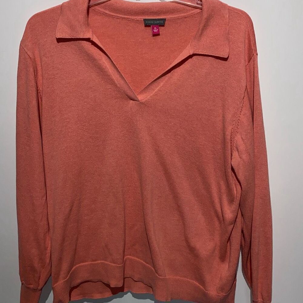 Vince Camuto‎ Womens XL Coral Pink Johnny Collar V-Neck Polo Sweater CV3423202